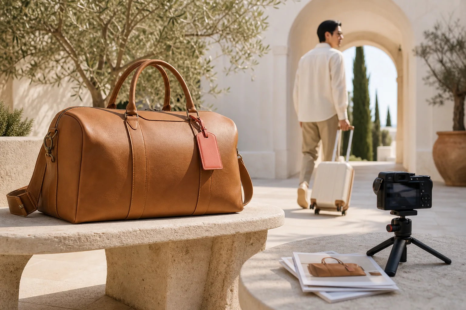 A finished lifestyle product image set for a camel leather weekender bag