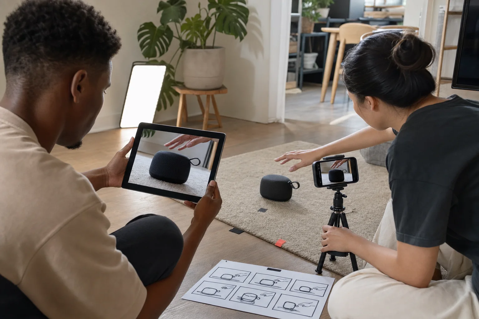A short-form creative team comparing a reference performance with an editable storyboard