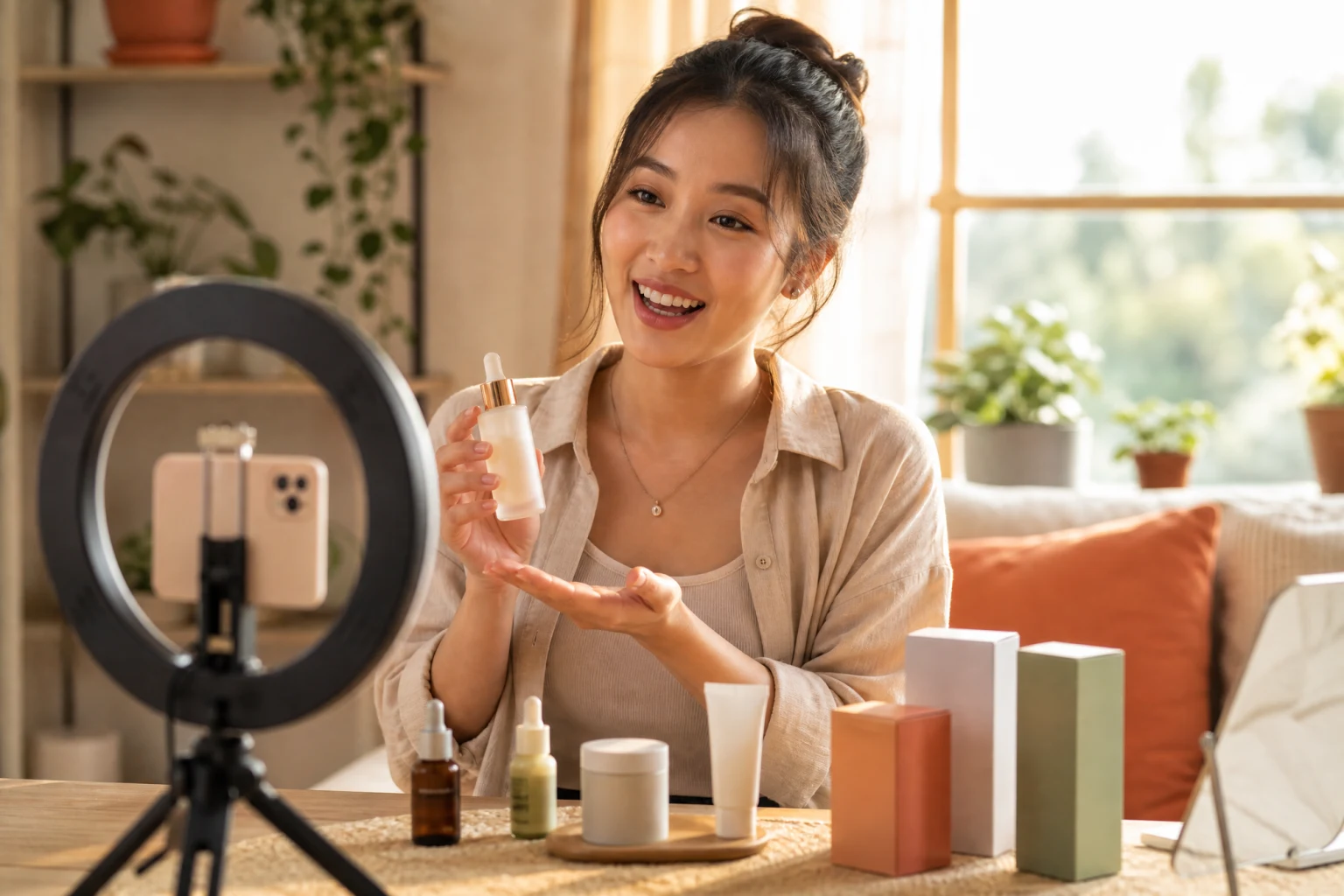 An e-commerce creator filming a spokesperson video that will be lip synced to a new voiceover