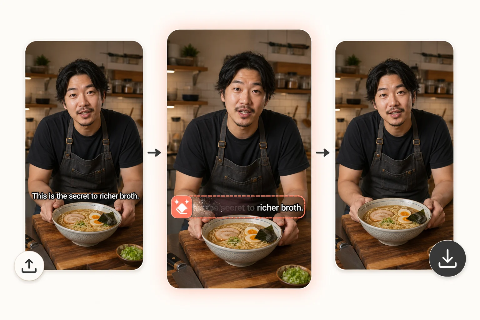 A captioned cooking video is uploaded, its burned-in subtitles are removed, and the clean version is downloaded