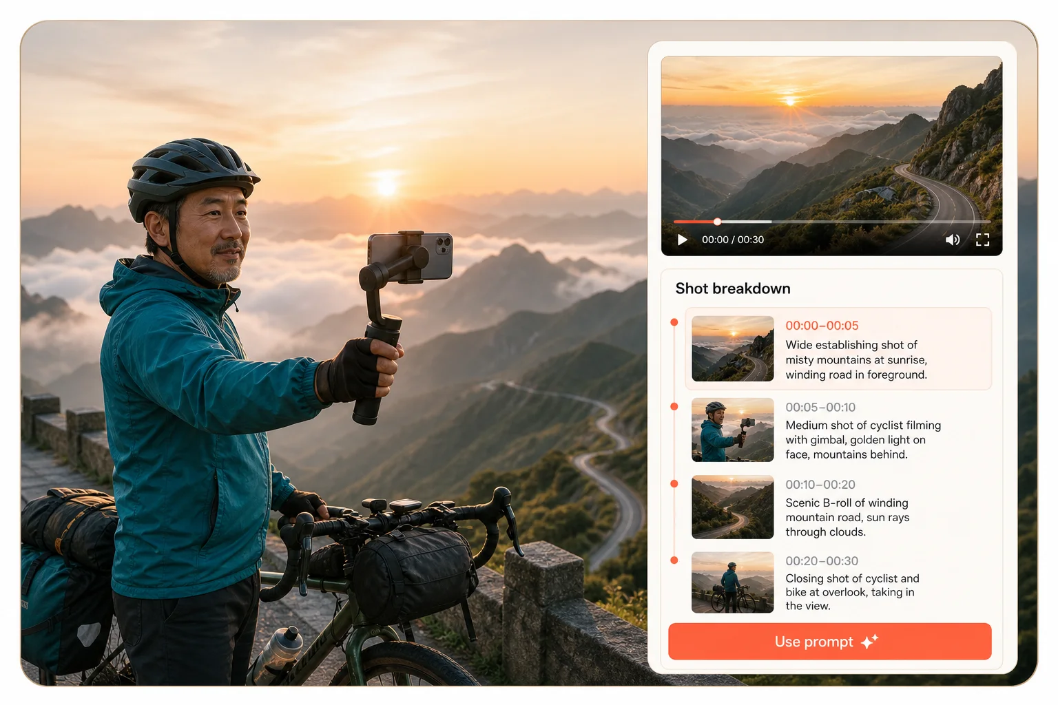 An outdoor travel video reconstructed into a detailed shot-by-shot AI video prompt