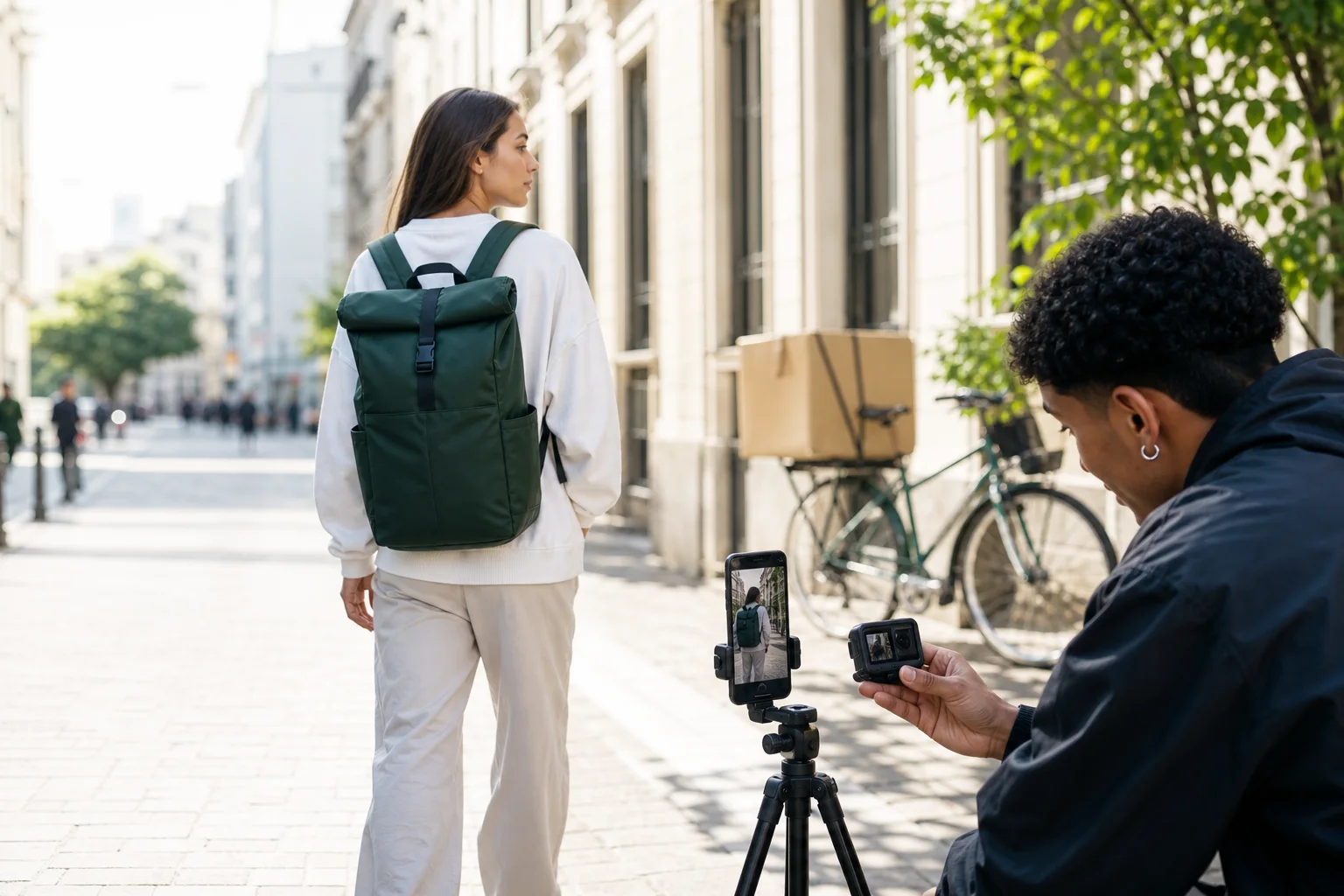 A creator recording a clean product video outdoors for a new campaign